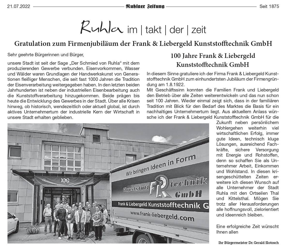 Zeitungsartikel 100 Jahre Jubiläum